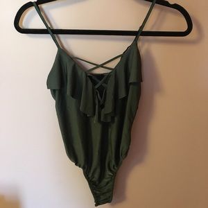 Missguided Lace Up Ruffle Green Bodysuit